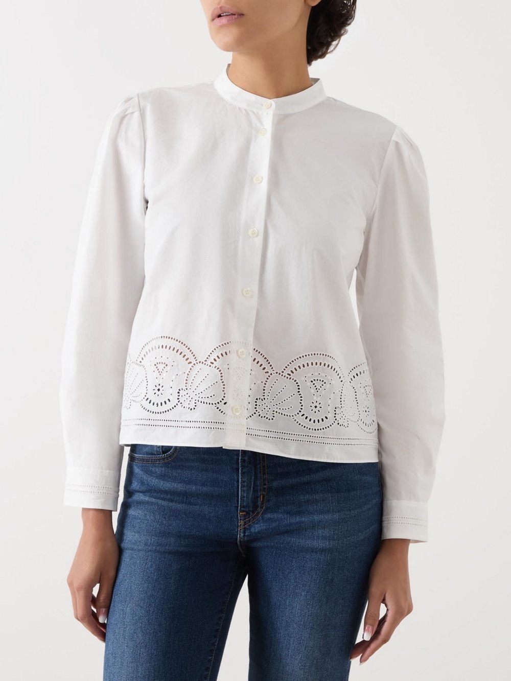NWT Frame White Button-Up Blouse with Embroidered Hem
